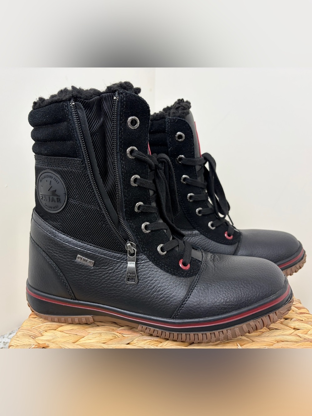 Pajar Black Leather & Textile Lace-Up Winter Boots with Red Accent